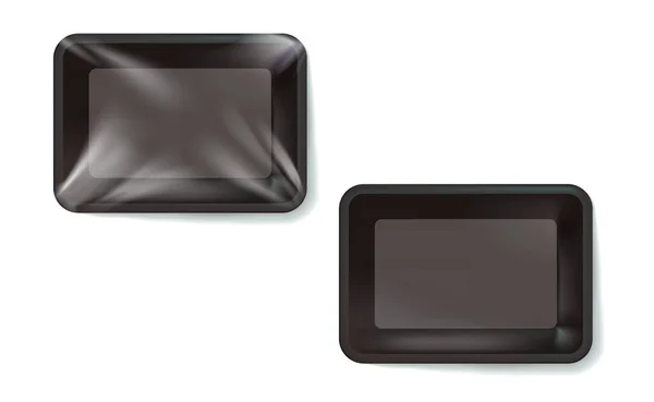Mockup Black Realistische Kunststoff Lebensmittelbehälter Mit Polyethylen Umwickelt Und Ohne — Stockvektor