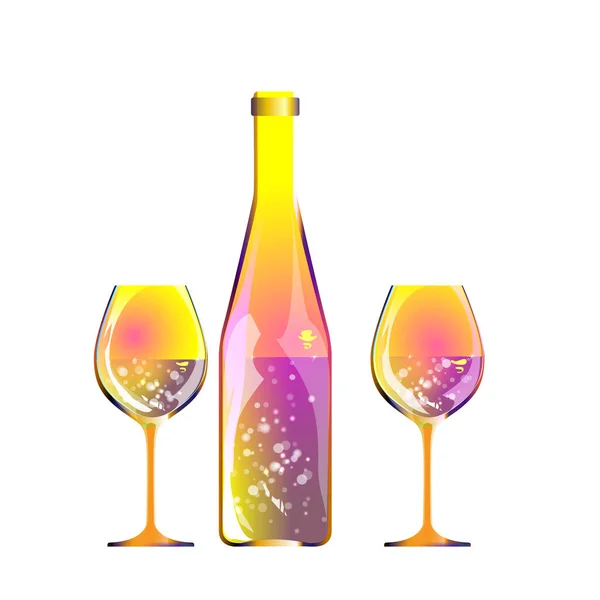 Verres Champagne Bouteille Bigarrée Par Contenu Lumineux Sur Fond Clair — Image vectorielle