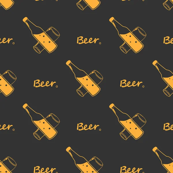 Vidrio Botellas Cerveza Patrón Naranja Sin Costuras Dibujo Línea Tela — Vector de stock