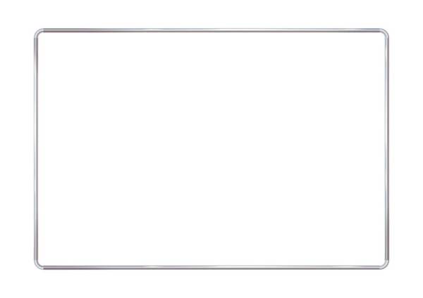 Rectangle realistic frame metal or silver with rounded corners. Slender on white background. Steel, photoframe template. For picture. Vector illustration. Eps 10.