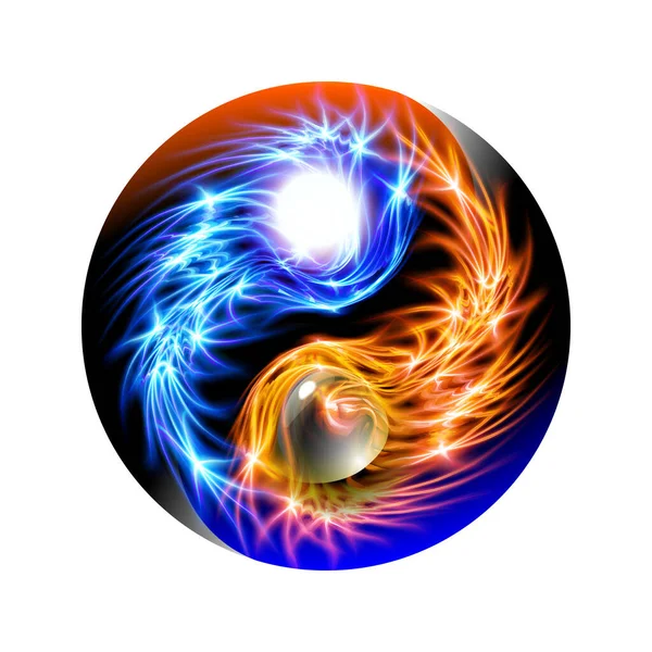 Modern parlak mavi ve kırmızı kozmik kavram Yin ve Yang mandala. Renkli süslemeli ruhani rahatlama. Tasarım için dekoratif lüks parıltılarla aydınlatılmış güzel süsler. Vektör illüstrasyonu.