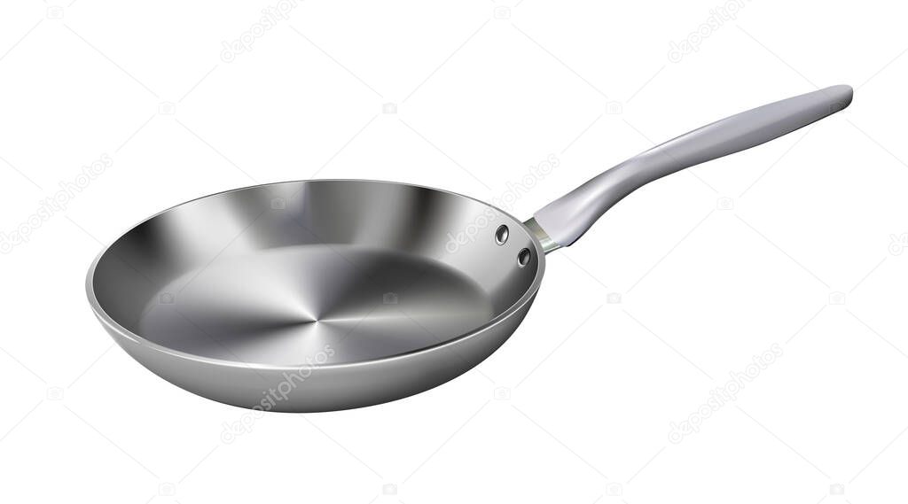 Realistic empty metal frying pan with plastic handle isolated on white background. Vector illustration kitchen utensil. Eps 10.