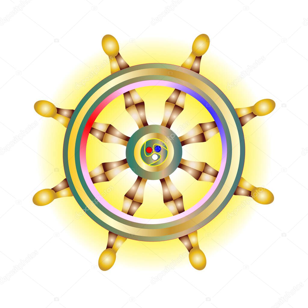 Sacred symbol, Golden Dharma wheel icon. Holy Buddhism vector sign. Dharmachakra spiritual. Vector illustration innermost religions eps10.