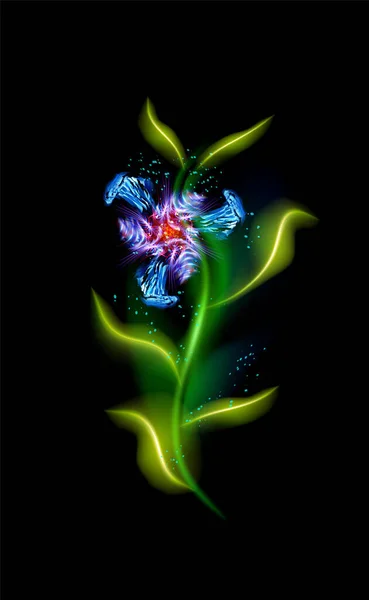 Flor Azul Brilhante Moderna Elemento Floral Cósmico Colorido Fundo Preto — Vetor de Stock
