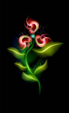 Modern kırmızı çiçek parlıyor. Siyah arka planda renkli süs çiçekleri. Tasarımınız için dekoratif lüks ışıltılı güzel moda aydınlatma süslemeleri EPS 10