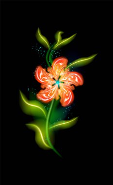 Kırmızı çiçek, modern parıltı. Siyah arka planda renkli süs çiçekleri. Tasarımınız için dekoratif lüks ışıltılı güzel moda aydınlatma süslemeleri EPS 10