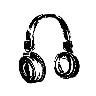 Siyah eskiz ya da gravür, el yapımı kulaklık, beyaz arka planda izole edilmiş. Müzik dekoru, DJ ekipmanları, gençlik hobileri ve eğlence için tasarım. Vektör illüstrasyonu Eps 10.