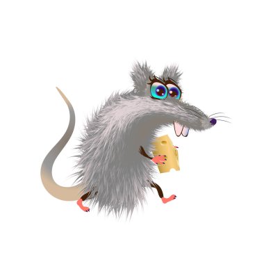 Hafif arka planda bir parça peyniri olan tüylü çizgi film faresi. Gri şirin, soyutlanmış. Vektör çizim kemirgen karakteri. EPS 10