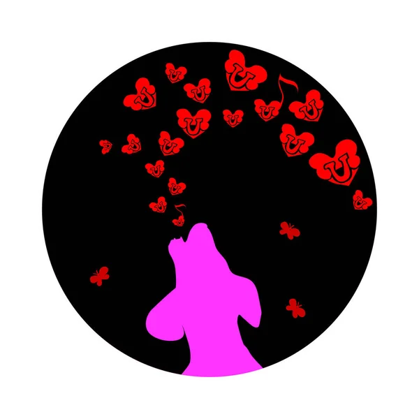Розовая Собака Выла Луну Маленькое Красное Сердце Вектор Иллюстрация Любви — стоковый вектор