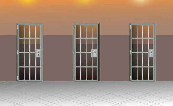 Внутри Тюрьмы Тюремные Камеры Современные Серыми Дверями Решеткой Темноте Векторная — стоковый вектор