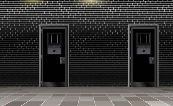 趋势欧洲监狱内部 黑暗的背景 有两扇金属门的现代监狱 在砖墙后面矢量图解快乐剥夺自由的详细设计 黑人拘留中心 — 图库矢量图片