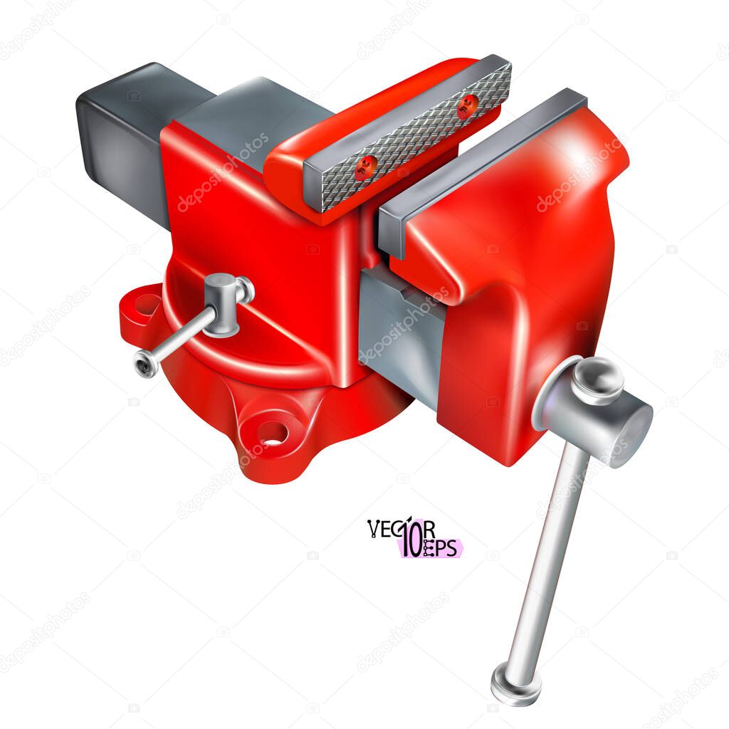 Realistic Heavy Duty bench vise on swivel base. 3D Metal red vice, metalwork tool isolated on white background. Vector illustration Eps 10.