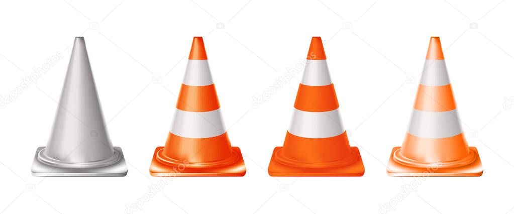 Set 3d orange realistic traffic cones with light and orange stripes isolated on white background. Vector illustration Eps 10.