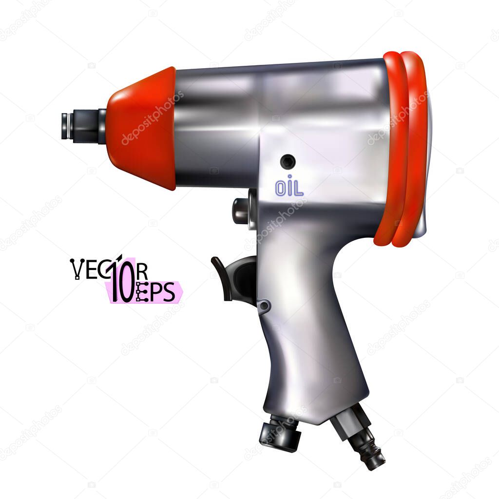 Realistic red pneumatic wrench isolated on white background. Auto Repair tool. Vector illustration Eps 10.