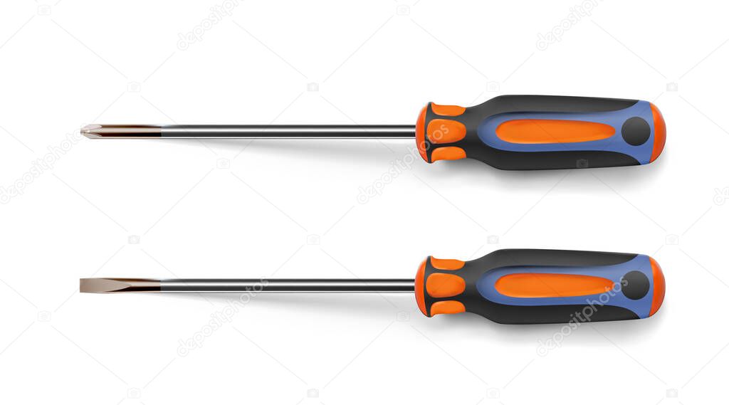 Set of professional realistic screwdrivers with a plastic handle. Hand metal tools isolated on white background. Vector illustration. Cruciform, slotted for repair and construction. Eps 10.