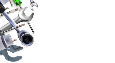 Beyaz arkaplanda izole edilmiş, mekanik set araçlarının 3d bileşimi. Kopyalama alanı illüstrasyonu.