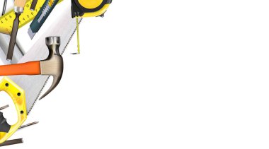 Beyaz arka planda izole edilmiş marangoz zanaatı ya da inşaat aletlerinin 3 boyutlu bileşimi. Kopyalama alanı illüstrasyonu.