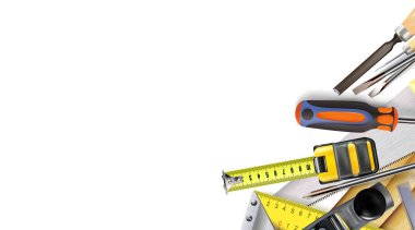 Beyaz arka planda izole edilmiş marangoz zanaatı ya da inşaat aletlerinin 3 boyutlu bileşimi. Kopyalama alanı illüstrasyonu.