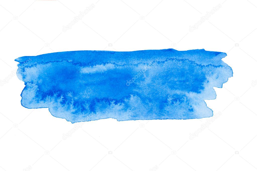 Blue wide watercolor brushstroke backdrop. Hand drawn water strokes, paper texture, isolated spot on white background. Wet brush painted smudge abstract illustration. Design artistic template.
