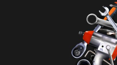 Siyah zemin üzerinde izole edilmiş, mekanik set araçlarının 3d bileşimi. Araba lastiği servisi. Kopyala-uzay tasarım illüstrasyonu.