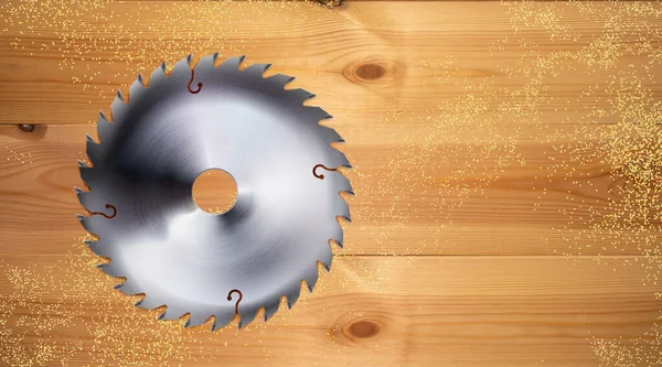 Realistic electric saw disc on the wooden workbench background. Wood sawdust. Woodworking and construction, joinery craft or carpentry. Circular blade metal tool. Illustration with copy-space.