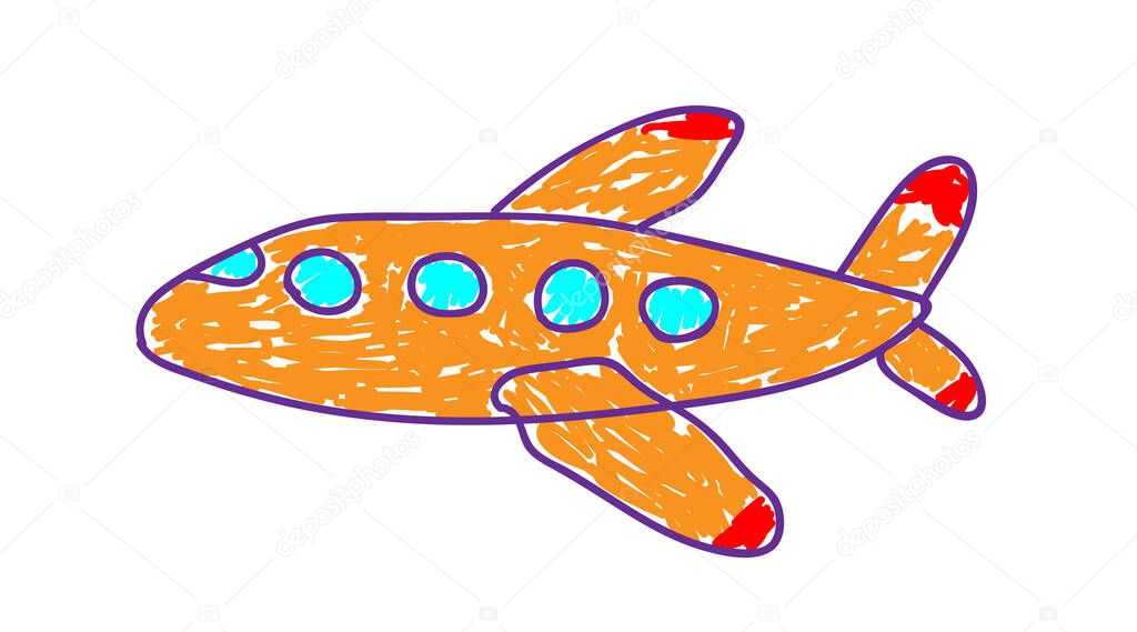 Orange plane in a deliberately childish style. Child drawing. Sketch imitation painting felt-tip pen or marker. Childrens application. Vector illustration Eps 10.