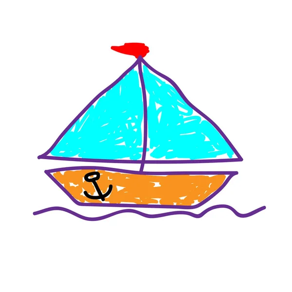 Yüzeyini Kasıtlı Olarak Çocukça Parçalayan Bir Gemi Çocuk Çizimi Keçeli — Stok Vektör