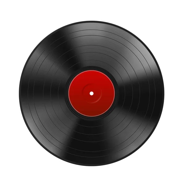 Disque Vinyle Noir Réaliste Avec Étiquette Rouge Isolée Sur Fond — Image vectorielle