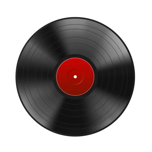 Realistisk Svart Vinylskiva Med Röd Etikett Isolerad Vit Bakgrund Förlöjliga — Stock vektor