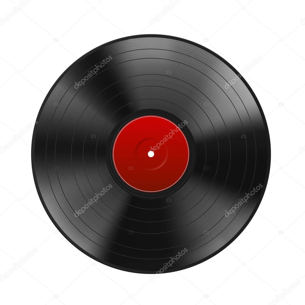 Realistic black vinyl record with red label isolated on white background. Blank mock up. Highly detailed. Vector illustration Eps 10.