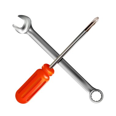 Gerçekçi el anahtarı ve beyaz arka planda izole edilmiş kırmızı profesyonel tornavida. 3d fotogerçekçi krom metal araç illüstrasyonu.