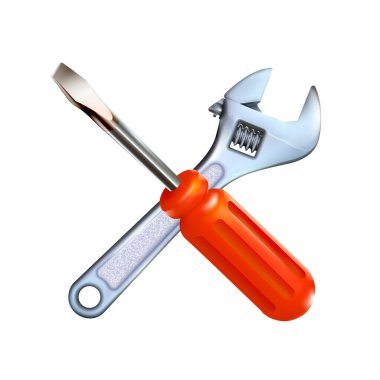 Gerçekçi, ayarlanabilir İngiliz anahtarı ve beyaz arka planda izole edilmiş kırmızı profesyonel tornavida dürbünü. 3d fotogerçekçi krom metal araç illüstrasyonu.