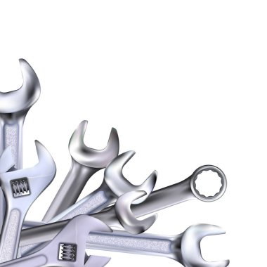 Beyaz arka planda izole edilmiş gerçekçi el anahtarlarından ya da açılı dekoratif kompozisyon. Fotoğraf-gerçekçi krom metal araç illüstrasyonu.