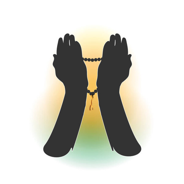 Hands of a Muslim who prays, the vector on a white background. For Hajj, Umrah, Ramadan, Arafat, Prayer. Vector illustration.