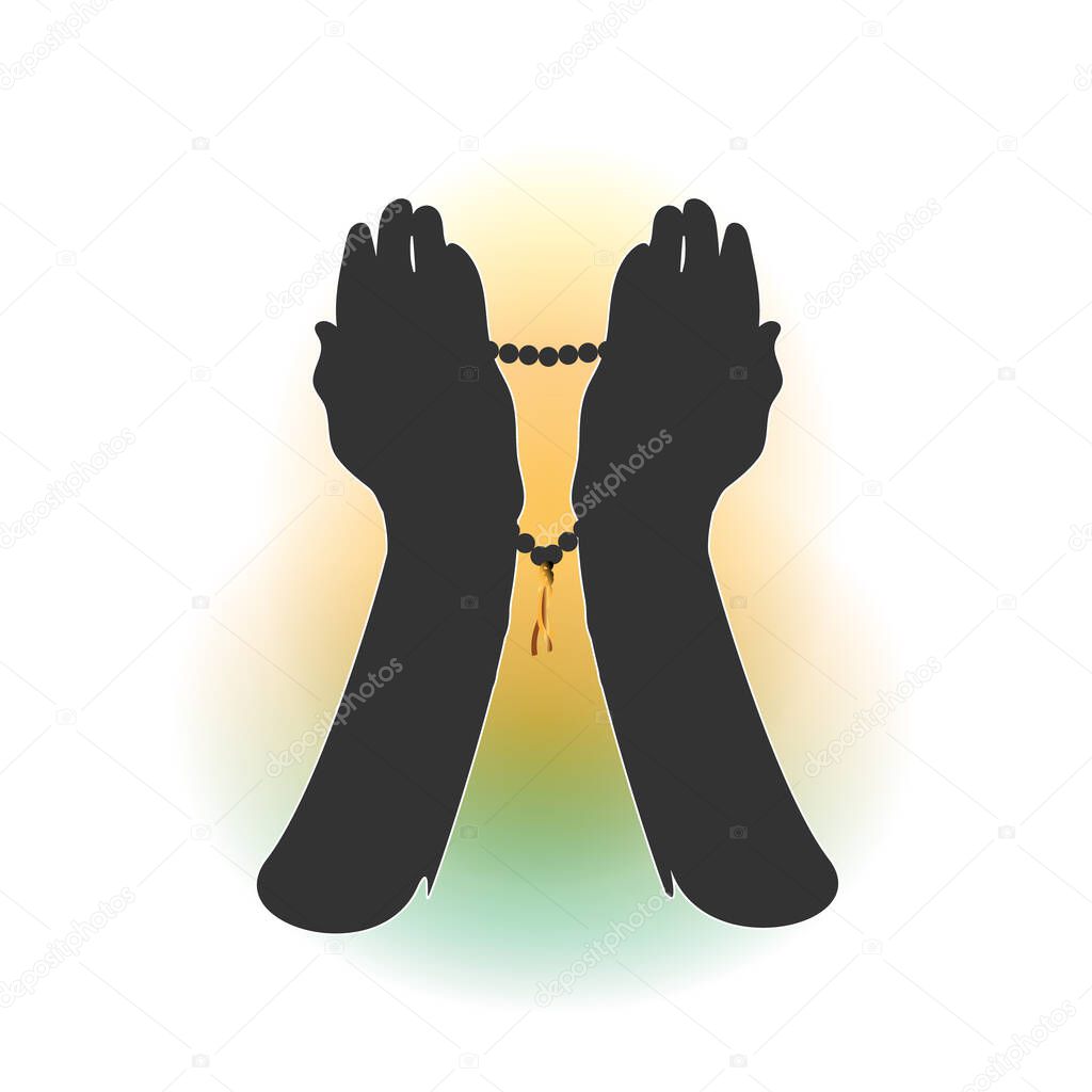 Hands of a Muslim who prays, the vector on a white background. For Hajj, Umrah, Ramadan, Arafat, Prayer. Vector illustration.