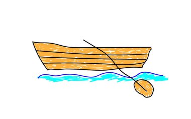Su yüzeyini kasıtlı olarak çocukça kesen bir tekne. Çocuk çizimi. Keçeli kalem ya da fosforlu kalem çizimi. Vektör illüstrasyonu Eps 10.