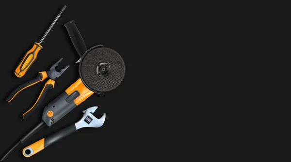 Orange Tools Professional Realistic Black Background Angle Grinder Adjustable Wrench — Stock Photo, Image