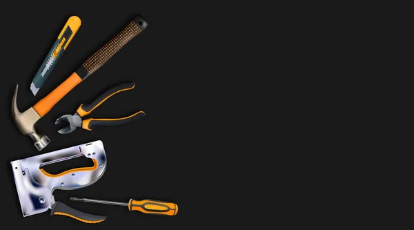 Orange Werkzeuge Professionell Realistisch Auf Schwarzem Hintergrund Hammer Schraubenzieher Hefter — Stockfoto