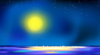 Karanlık gece sanat arka planı, yüzeydeki su üzerinde alacakaranlık dolunayı, manzara. Ay ışığı suya yansıyor. Soyut arkaplan yıldızlı gökyüzü. Vektör illüstrasyonu Eps 10.