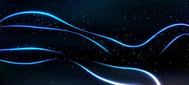 Gece gökyüzünün arka planında dalgalı neon çizgiler. Soyut zemin. Mavi, güzel, dijital, parlak, lazer ışığı, çizgiler ve dalga çizgileri. Derin karanlık evren, kozmik yıldızlar, gerçekçi yıldızlar..