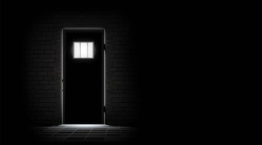 Prison dark background. Metal door to barred window and brick wall. Jail cell room interior. Concept design for quest, escape games. Deprivation freedom. Detention centre. Vector Illustration Eps 10.