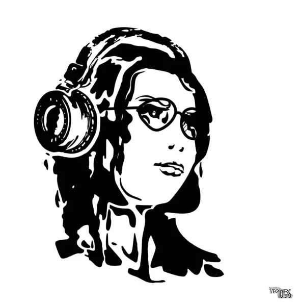 Chica Joven Auriculares Boceto Hermoso Grabado Imitación Silueta Femenina Aislada — Vector de stock