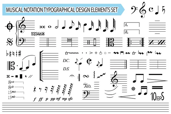 Notación Musical Notas Símbolos Musicales Signos Conjunto Plantillas Colección Elementos — Vector de stock