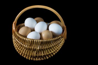 Bast basket with eggs on a completely black background.	