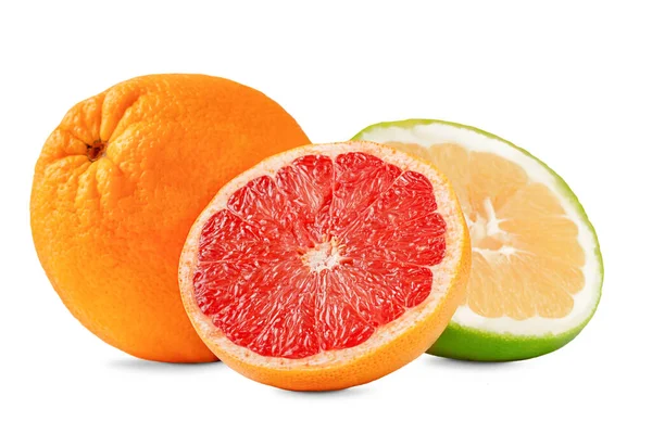 グレープフルーツ、オレンジ、甘い果実の成分が白い背景に隔離されています. — ストック写真