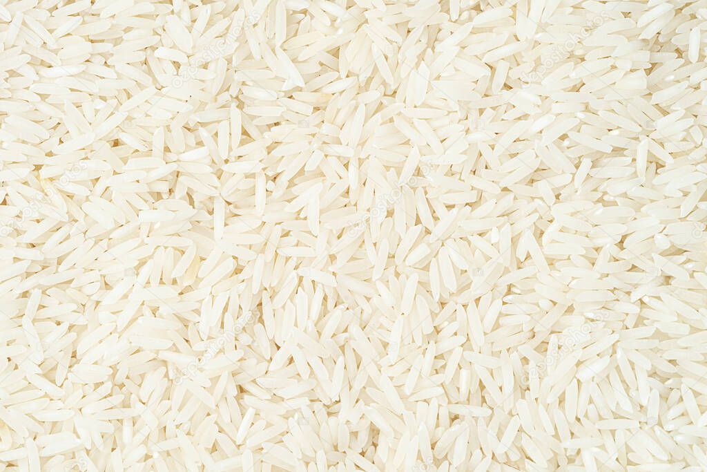 Basmati rice texture. Top view, food background.