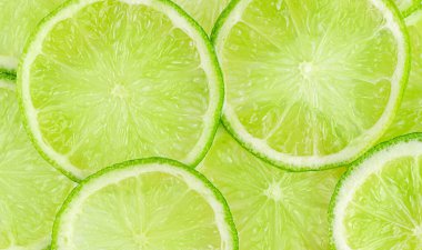 Limon dilimleri, yemek arkaplanı. Üst görünüm, genel görünüm
