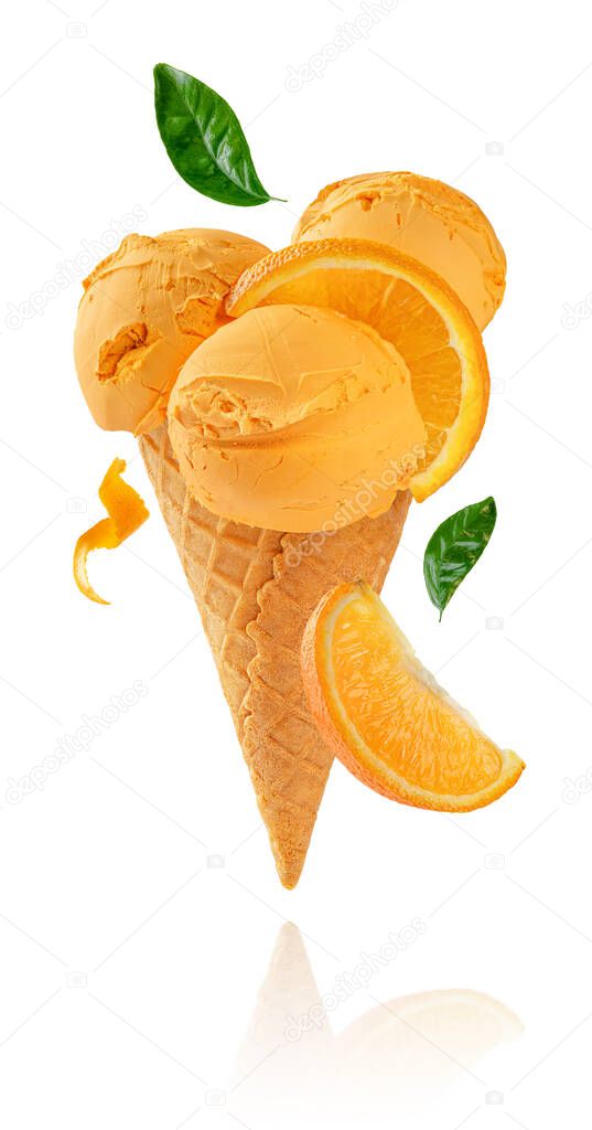 Orange fruit ice cream cone isolated on white background with clipping path