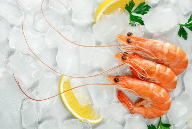 Limonlu ve maydanozlu buzlu taze karides. Üst görünüm
