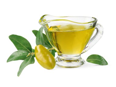 Ekstra bakir zeytinyağı kavanozu ve kesme yolu ile beyaz üzerine izole yeşil dal.